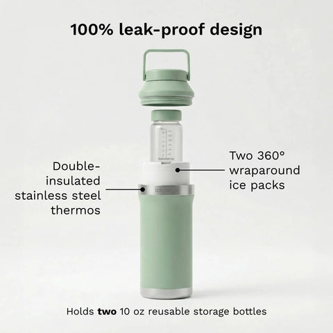 Mama Approved Portable Breast Milk Cooler For On The Go Double Walled Stainless Steel Thermos with two 10 oz reusable bottles.