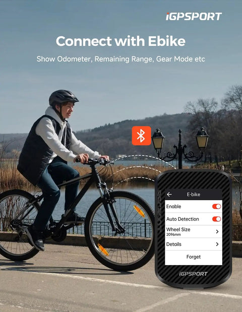 Cyclist using BSC300T Wireless Bike Computer GPS With Two Point Four Inch Touch Screen on a road, displaying bike settings.