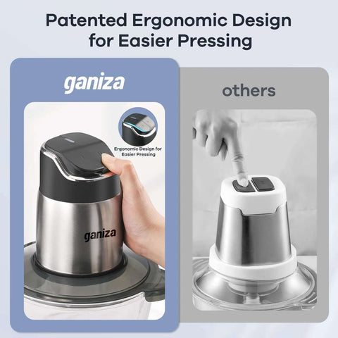 Food Processor Chopper And Meat Grinder With 2 Speed Settings and ergonomic button design in stainless steel.