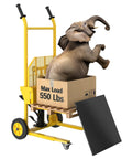 Yellow hydraulic pallet lift with steel platform and wheels; pallet box says Max Load 550 Lbs; black diamond-plate ramp.