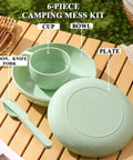 Green All In One 6-Piece Camping Mess Kit With Cup Plate Bowl Fork Spoon Knife And Carry Bag For Travel Picnic And Outdoor Adventures