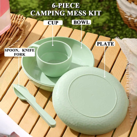 Green All In One 6-Piece Camping Mess Kit With Cup Plate Bowl Fork Spoon Knife And Carry Bag For Travel Picnic And Outdoor Adventures