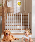 Wide Auto Close Baby And Pet Gate, Adjustable From 29 To 39.6 Inches, for stairs, shown with baby and dog in front