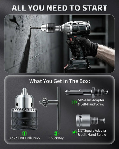 Half Inch Keyed Drill Chuck Adapter Kit For Impact Wrench And SDS Plus Includes contents and usage demonstration.