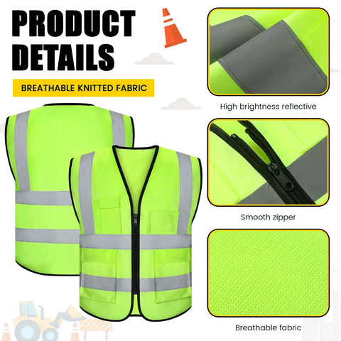 Straight Up Heavy Duty Reflective Safety Vests Bulk 100 Pack With Zipper And Utility Pockets Fluorescent Green High Visibility Work Gear For Men And Women Universal Fit Road Hustle