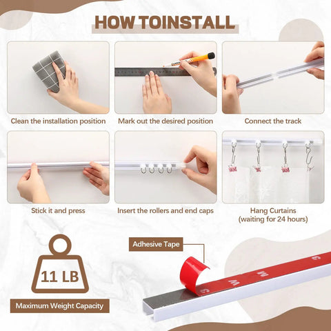Self-Adhesive Ceiling Curtain Track Rail 11 Ft No-Drill No-Damage Peel-and-Stick For Windows Cabinets Closets Bathrooms Shower Curtains Room Dividers Instant Privacy Easy DIY Install installation steps with adhesive tape and hooks