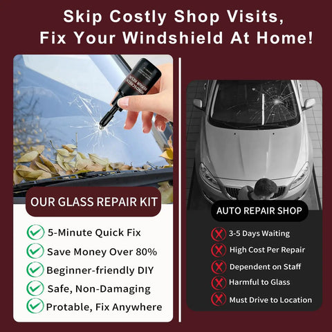 Image comparing Upgraded Windshield Repair Kit DIY Friendly Pro Grade 40ml Nano Glass Repair Fluid to auto repair shop services for fixing windshield cracks.