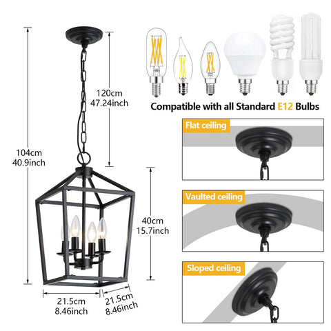 Four Light Black Farmhouse Pendant Lantern Cage Hanging Light Fixture Industrial Rustic Geometric Kitchen Island Lighting diagram