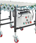 Workhorse 24 Inch Powered Flexible Roller Conveyor Built Rock Solid For Friction Free Package Transport and Lightning Fast Warehouse Loading Zones With Quick Length Tweaks with motor controller and wheels.