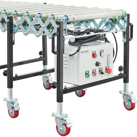 Workhorse 24 Inch Powered Flexible Roller Conveyor Built Rock Solid For Friction Free Package Transport and Lightning Fast Warehouse Loading Zones With Quick Length Tweaks with motor controller and wheels.