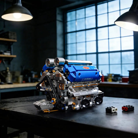 V8 Engine Model Kit That Runs Motorized Hands On Working Visible Engine With Chain And Cylinder Linkage For Adults Stem Mechanical Building Toy Gift For Car Enthusiasts on workbench, blue ABS brick engine