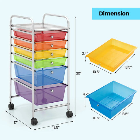 6 Drawer Rolling Storage Cart For Tools, Scrapbook Paper, Crafts, Home Office, And School Supplies with multicolor drawers