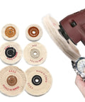 Ultimate Cotton Polishing Wheel For Fast Buffing And Mirror Shining On Metal Wood And Plastic, 100mm size and 4mm arbor shown with angle grinder.