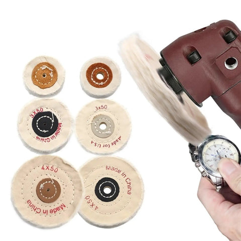 Ultimate Cotton Polishing Wheel For Fast Buffing And Mirror Shining On Metal Wood And Plastic, 100mm size and 4mm arbor shown with angle grinder.