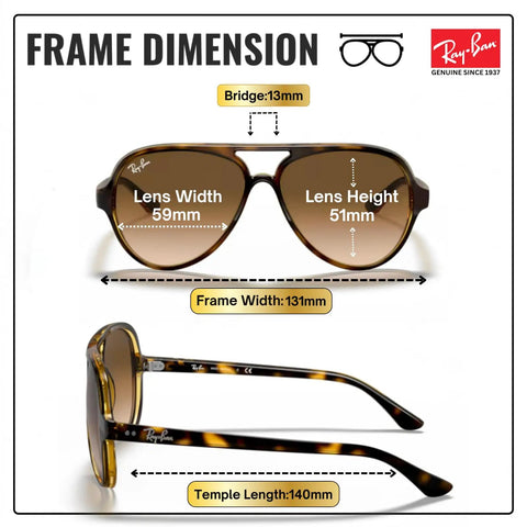 RB4125 Pilot Shape Non Polarized Sunglasses For Men With Included Eyewear Kit dimensions and side view.