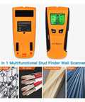 Built Tough 3 In 1 Wall Scanner And Stud Finder Including Metal Detector And Live Wire Voltage Alert For Fast Positioning Of Hidden Joists And Smooth Weekend Project Fixes In Orange, showing front and back views with screen icons.