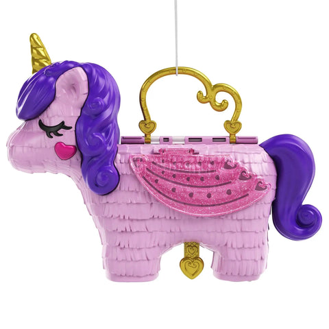 Unicorn Party Playset With 25 Surprises, Pink Unicorn Toy With Purple Hair, Confetti Pinata Fun, castle-themed portable mini set