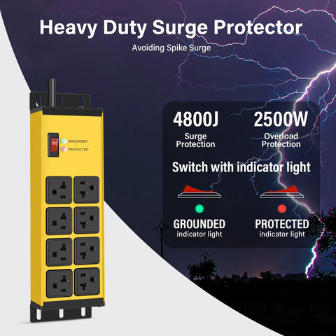 Beefy Magnetic Power Strip With 8 Outlets, 6Ft Cord, Yellow, 20A Switch, Grounding Protection, 4800J Surge, NEMA 5-15P Plug, Built For Garage And Workshop Use with grounded indicator lights