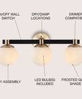 Front view of 24 Inch Brass Gold And Black Dope Modern Globe LED Vanity Wall Sconce Light With White Frosted Glass Shade
