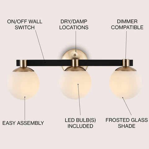 Front view of 24 Inch Brass Gold And Black Dope Modern Globe LED Vanity Wall Sconce Light With White Frosted Glass Shade