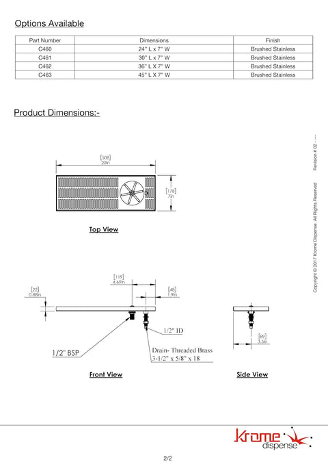 Technical drawing of Stainless Steel Glass Rinser With Side Spray 7 By 20 Inch, top, front, and side views with measurements.