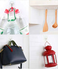 Slick Self Adhesive Wall Hooks Heavy Duty Stainless Steel hold up to thirteen pounds, organizing bags, kitchen utensils, and lanterns.
