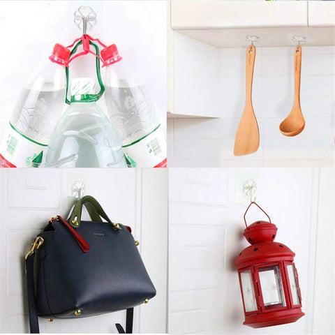 Slick Self Adhesive Wall Hooks Heavy Duty Stainless Steel hold up to thirteen pounds, organizing bags, kitchen utensils, and lanterns.
