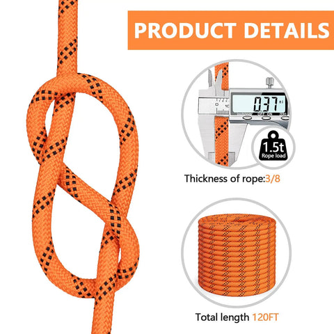Top Shelf Braided Polyester Arborist Rope 3/8 Inch By 120 Feet With 48 Strands Hella Strong Heavy Duty High Visibility Orange Climbing Cord For Tree Pros And Weekend Warriors
