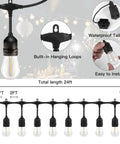 24 Feet Led Outdoor String Lights Black, 2200K Warm Cafe Glow, Dimmable, Shatterproof S14 Bulbs, Smart Hanging Design, 2 Feet Between Bulbs