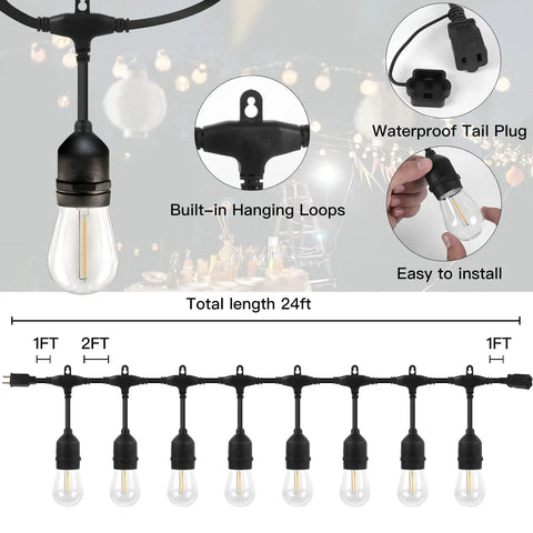 24 Feet Led Outdoor String Lights Black, 2200K Warm Cafe Glow, Dimmable, Shatterproof S14 Bulbs, Smart Hanging Design, 2 Feet Between Bulbs