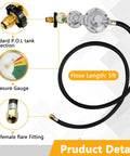 Azdele two-stage propane regulator with 5ft hose and gauge; P.O.L tank connection and 3/8in female flare fitting