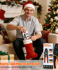 Man holding Ratcheting Crimping Tool For Heat Shrink Connectors AWG 26 To 10 as a Christmas gift in living room.