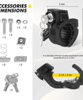 Universal Quick Release Shovel Holder Mount With Lock for 0.79 to 1.97 Inch Tool Handles showing dimensions and accessories