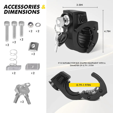 Universal Quick Release Shovel Holder Mount With Lock for 0.79 to 1.97 Inch Tool Handles showing dimensions and accessories