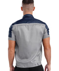Back view of Mens Short Sleeve Mechanic Work Shirt With Reflective Safety Stripes And Zipper Front in navy gray.