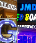 Collage showing Lit 100 Ft White LED Window Light Strands For Storefront Advertising Waterproof 12V 5050 Modules on shop signs.