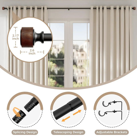 Imitation Wood Grain Curtain Rod Set 1 Inch Diameter Heavy Duty Adjustable Drapery Rods For Windows 48 To 84 Inches Indoor Outdoor Modern Finials Durable Finish Built To Last, shown with detail splicing, telescoping design, and adjustable brackets.