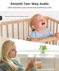 Indoor Home Security Camera 2K With Two Way Audio next to a baby in a crib and a woman using smartphone for remote viewing.