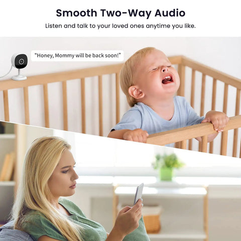 Indoor Home Security Camera 2K With Two Way Audio next to a baby in a crib and a woman using smartphone for remote viewing.