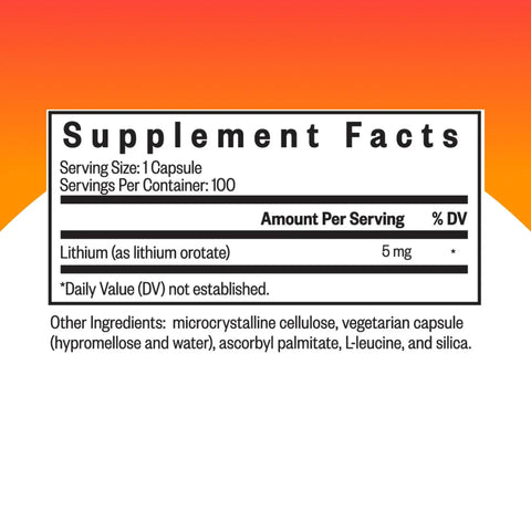 Supplement facts label of Lithium Orotate Brain Health Mineral Supplement For Focus And Memory Boost, Low Dose 5 Mg Lithium Per Serving