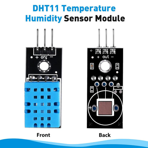 Front and back view of DHT11 Temperature And Humidity Sensor Module 10 Pack Digital Single Bus 3.3V-5V with wires for Arduino and Raspberry Pi