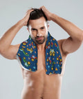 Man using Ultra Soft Microfiber Bath Towel for Adults Quick Dry Absorbent Gym Pool Shower with colorful pattern around neck