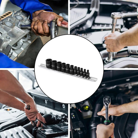 Eleven Piece Female Torx Socket Set With E Torx And Star Sockets Pro Grade Heavy Duty One Quarter And Three Eighths Inch Drives Drop Forged Chrome Vanadium Black Phosphate Finish Includes Rail Clip On Storage