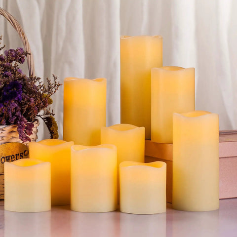 Nine Piece Flameless Candle Set With Real Wax Pillars In 3, 3, 4, 4, 5, 5, 6, 7, And 8 Inches, Battery Operated LED With Remote Timer