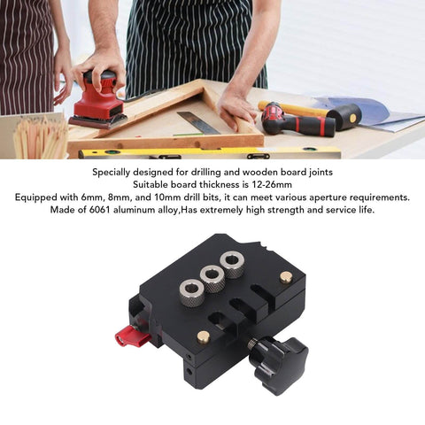 Self Centering Doweling Jig Kit For DIY Woodworking, 3 In 1 Dowel Jig With 6mm 8mm And 10mm Drill Bits, Aircraft Grade Aluminum Drill Guides Locator, Pro Grade Accuracy For Furniture Assembly And Flat Pack Projects shown on a wooden workbench.