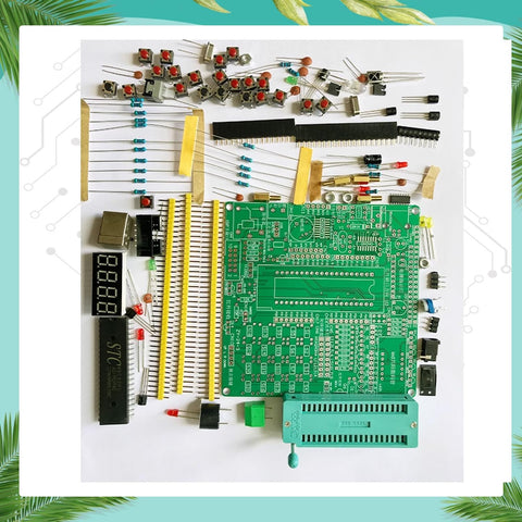 All In One MCU Starter Kit With 51 And 52 Demo Board, Soldering Practice Kit, Learning Board components and modules displayed