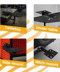 Various views of Beefy 2-Inch Receiver Hitch Vise Mount For Bench Work showing tabletop, under-table, side-mount, and hitch-mount setups.