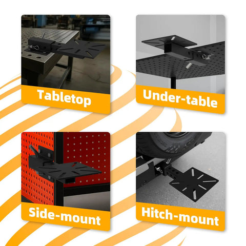 Various views of Beefy 2-Inch Receiver Hitch Vise Mount For Bench Work showing tabletop, under-table, side-mount, and hitch-mount setups.
