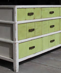 Top Tier Paste Wax For Wood And Cabinet Surfaces With Real Beeswax Blend on a vintage style cabinet with green and gray drawers.