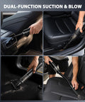 Person using Portable Cordless Handheld Vacuum Cleaner 4 In 1 Mini Vacuum with Dual Suction Modes to clean car interior surfaces.